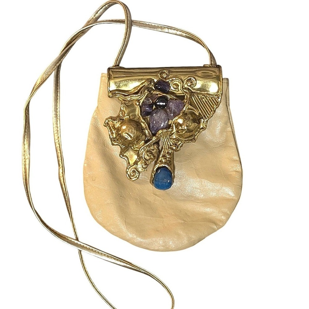 Vintage 70s Gold Carvalho Rio Brutalist Metal Amethyst Lapis Leather Purse Bag